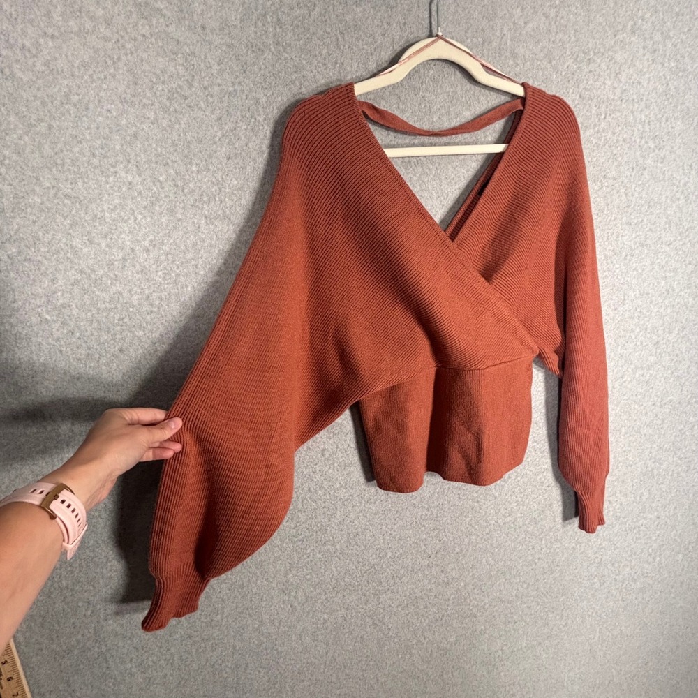 NEW Love Tree Wrap Cross Over Knit Sweater Medium Rust Orange Ribbed Neutral